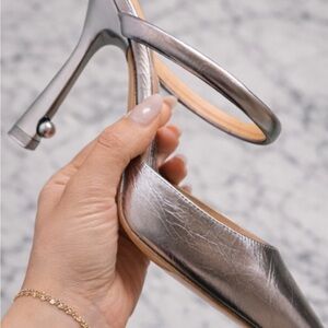 Off WhiteSilver Metallic Ankle Strap Pointed Toe Heel